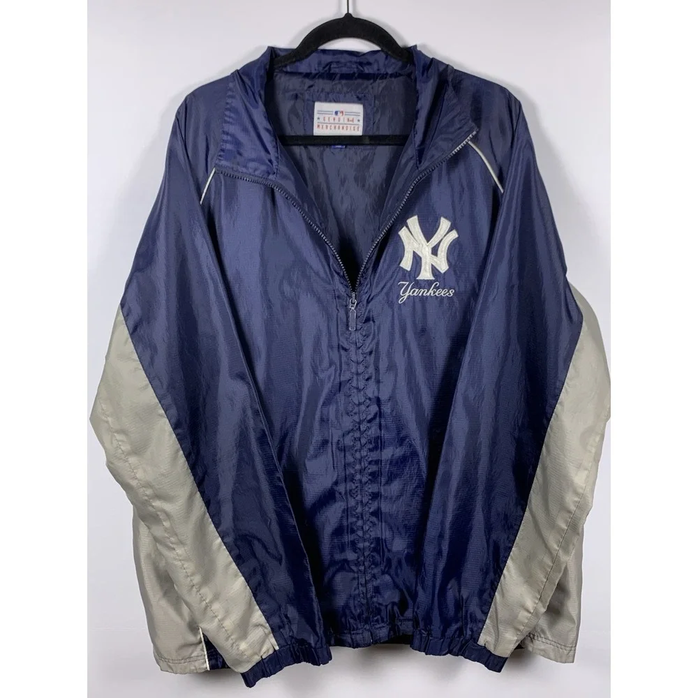 NY Yankees Jacket Mens L Blue Hooded Windbreaker Full Zip MLB Baseball